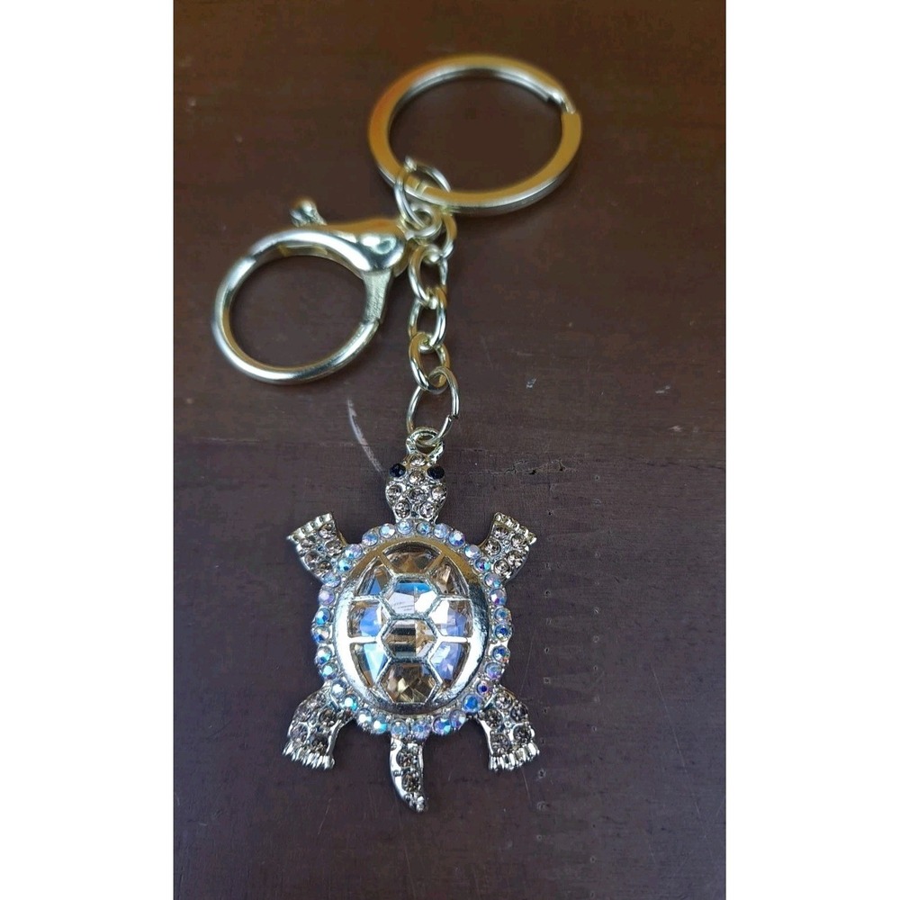 Turtle Gold Rhinestone Crystal Silver Tone‎ Keychain Backpack Purse Clip